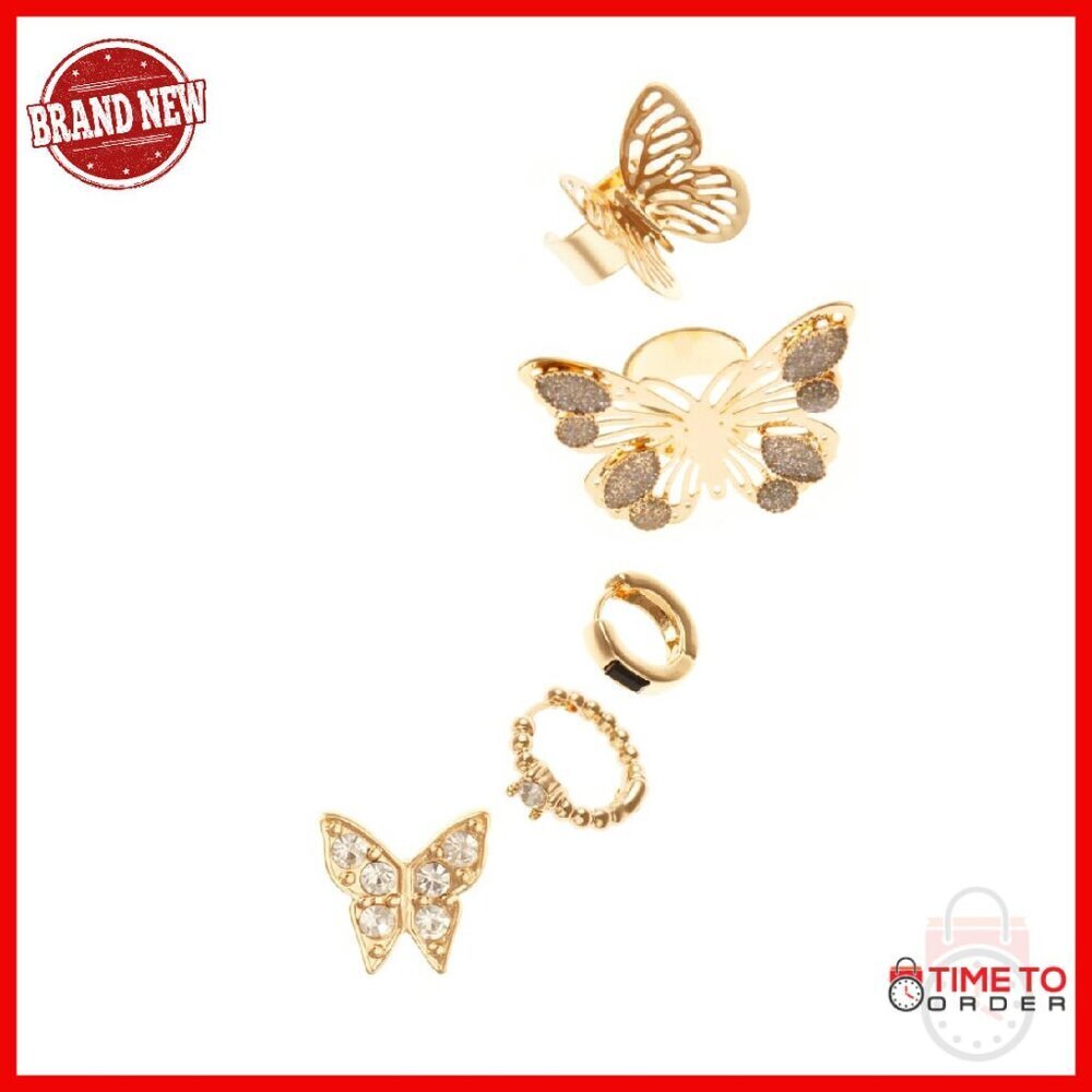 5-Piece Gold-Plated Butterfly Earring Set with Crystals for Layering